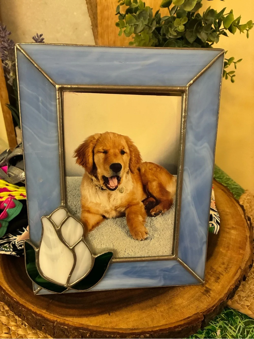 Blue Slag Glass Picture Frame with Flower Accent